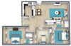 three bedroom floor plan with furniture